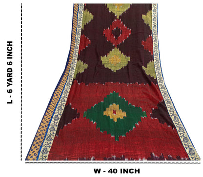 Sanskriti Vintage Brown Red Pure Cotton Ikat Saree Handwoven Geometric 5+YD Sari