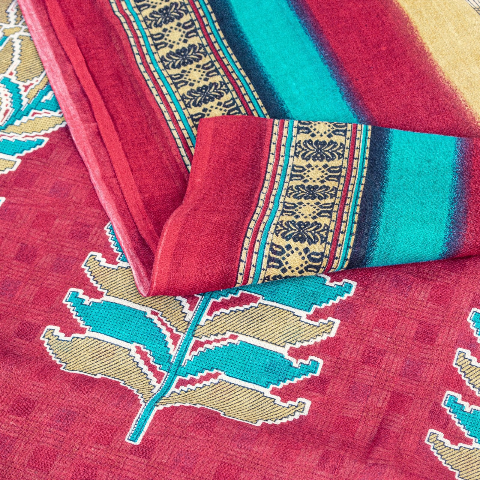 Sanskriti Vintage Sarees Multicolor Pure Cotton Geometric Print 5+YD Fabric Sari