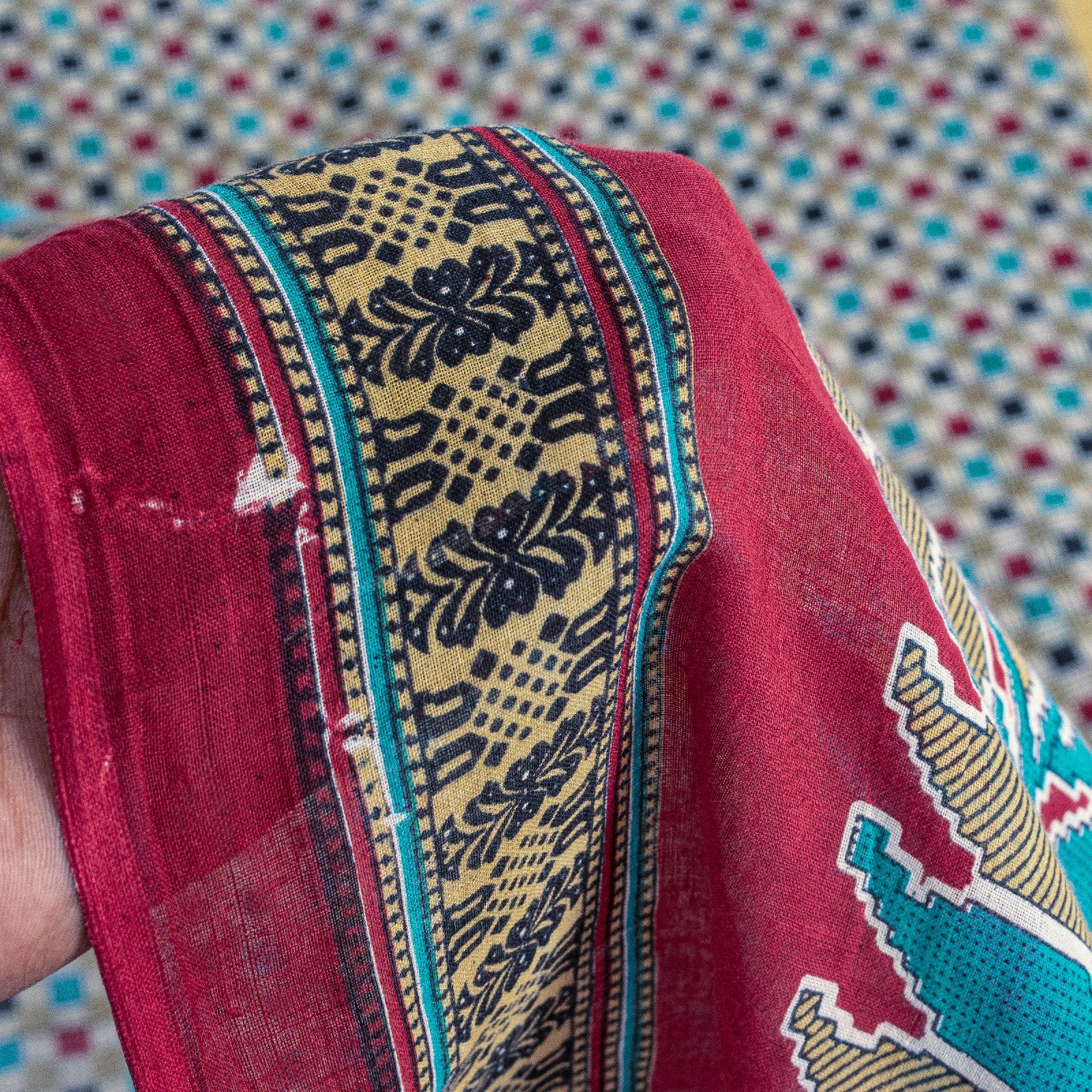 Sanskriti Vintage Sarees Multicolor Pure Cotton Geometric Print 5+YD Fabric Sari