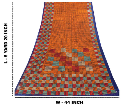 Sanskriti Vintage Sarees Orange Pure Cotton Geometric Print 5+YD Remnant Sari