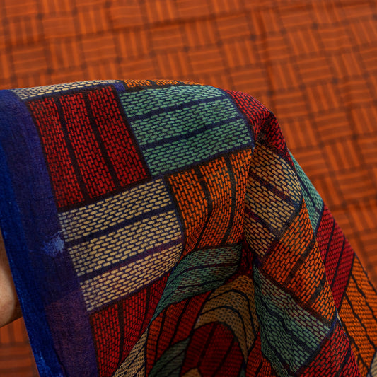 Sanskriti Vintage Sarees Orange Pure Cotton Geometric Print 5+YD Remnant Sari