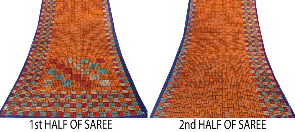 Sanskriti Vintage Sarees Orange Pure Cotton Geometric Print 5+YD Remnant Sari
