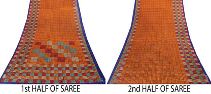 Sanskriti Vintage Sarees Orange Pure Cotton Geometric Print 5+YD Remnant Sari
