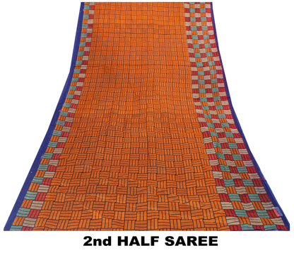 Sanskriti Vintage Sarees Orange Pure Cotton Geometric Print 5+YD Remnant Sari