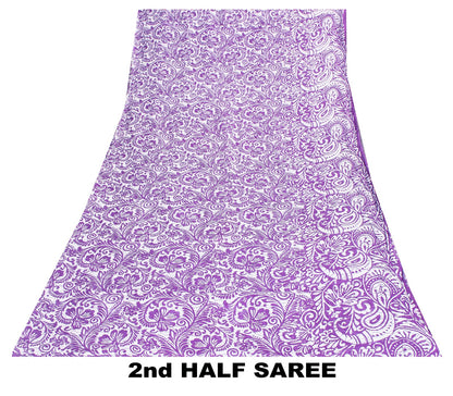 Sanskriti Vintage Saree Purple 100% Pure Cotton 5+Yd Saree Kalamkari Paisely Printed Indian Craft Sari For Crafting, Upcycling, Wearing