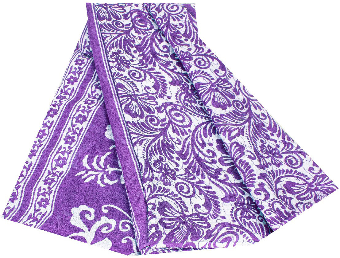 Sanskriti Vintage Saree Purple 100% Pure Cotton 5+Yd Saree Kalamkari Paisely Printed Indian Craft Sari For Crafting, Upcycling, Wearing