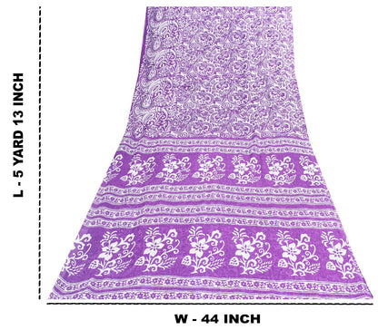Sanskriti Vintage Saree Purple 100% Pure Cotton 5+Yd Saree Kalamkari Paisely Printed Indian Craft Sari For Crafting, Upcycling, Wearing