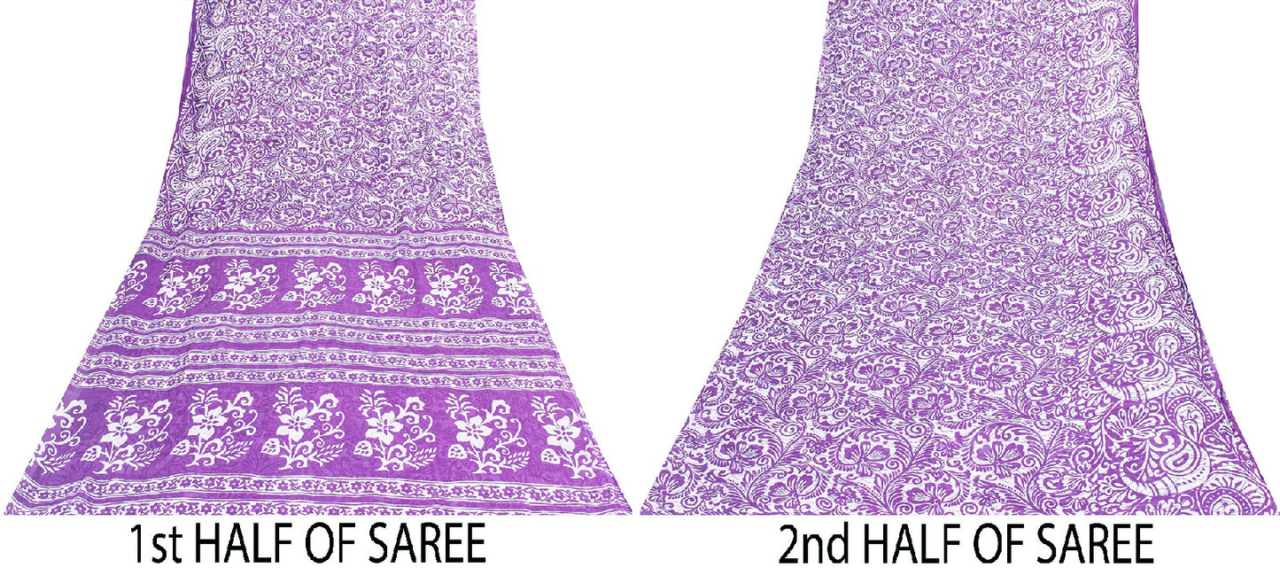 Sanskriti Vintage Saree Purple 100% Pure Cotton 5+Yd Saree Kalamkari Paisely Printed Indian Craft Sari For Crafting, Upcycling, Wearing