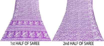 Sanskriti Vintage Saree Purple 100% Pure Cotton 5+Yd Saree Kalamkari Paisely Printed Indian Craft Sari For Crafting, Upcycling, Wearing