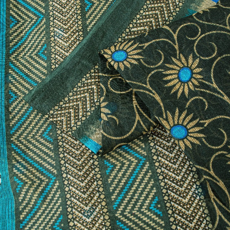 Sanskriti Vintage Sarees Green & Blue Pure Cotton Floral Print 5+YD Upcycle Sari