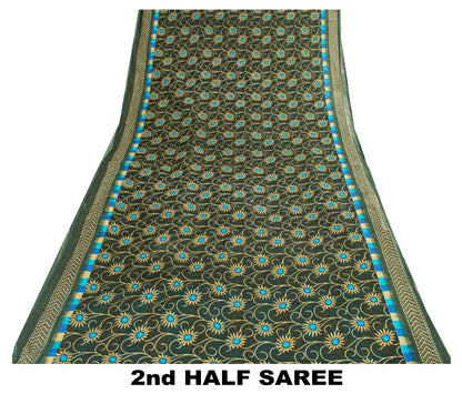 Sanskriti Vintage Sarees Green & Blue Pure Cotton Floral Print 5+YD Upcycle Sari