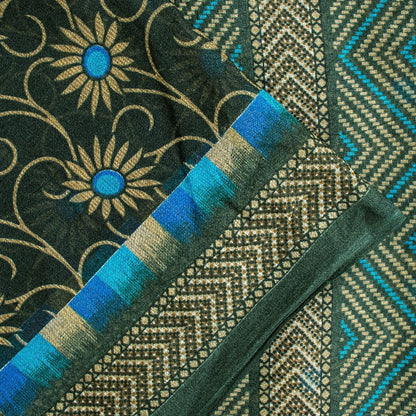 Sanskriti Vintage Sarees Green & Blue Pure Cotton Floral Print 5+YD Upcycle Sari