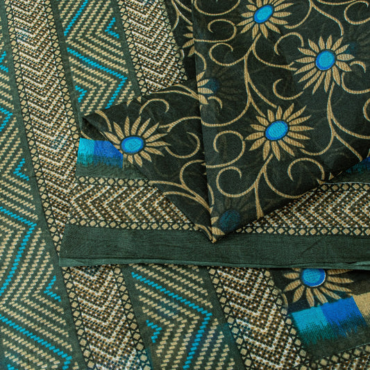 Sanskriti Vintage Sarees Green & Blue Pure Cotton Floral Print 5+YD Upcycle Sari