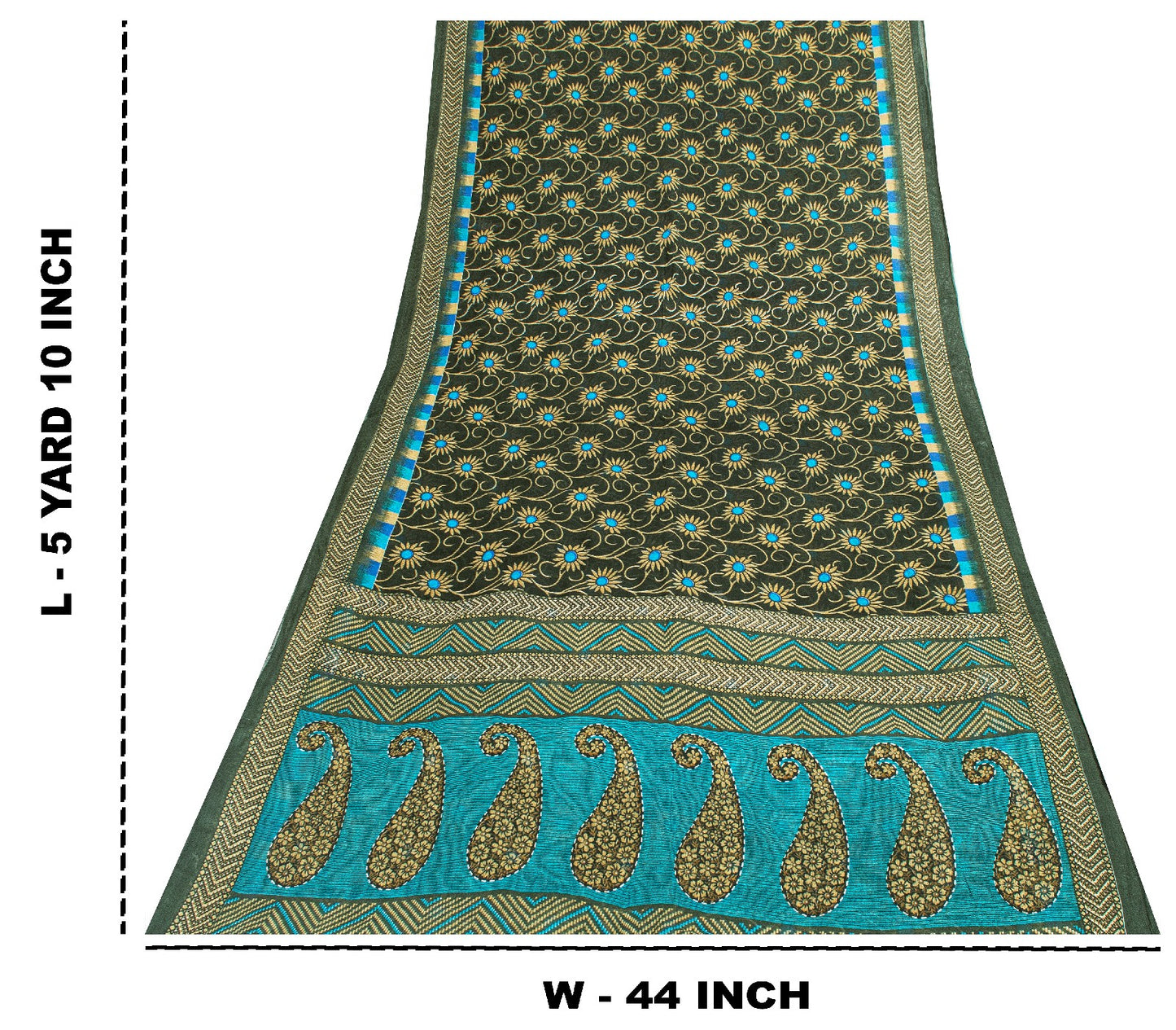 Sanskriti Vintage Sarees Green & Blue Pure Cotton Floral Print 5+YD Upcycle Sari