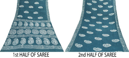 Sanskriti Vintage Sarees Blue Batik Work Paisley Pure Cotton 5+YD Heritage Sari