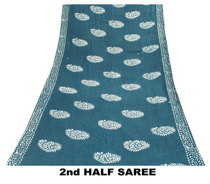 Sanskriti Vintage Sarees Blue Batik Work Paisley Pure Cotton 5+YD Heritage Sari