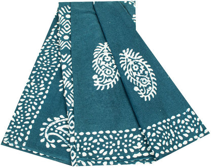 Sanskriti Vintage Sarees Blue Batik Work Paisley Pure Cotton 5+YD Heritage Sari