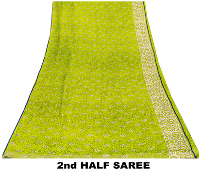 Sanskriti Vintage Green Sarees Pure Cotton Batik Print Paisle ySari 5.5YD Fabric