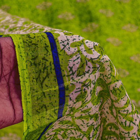 Sanskriti Vintage Green Sarees Pure Cotton Batik Print Paisle ySari 5.5YD Fabric