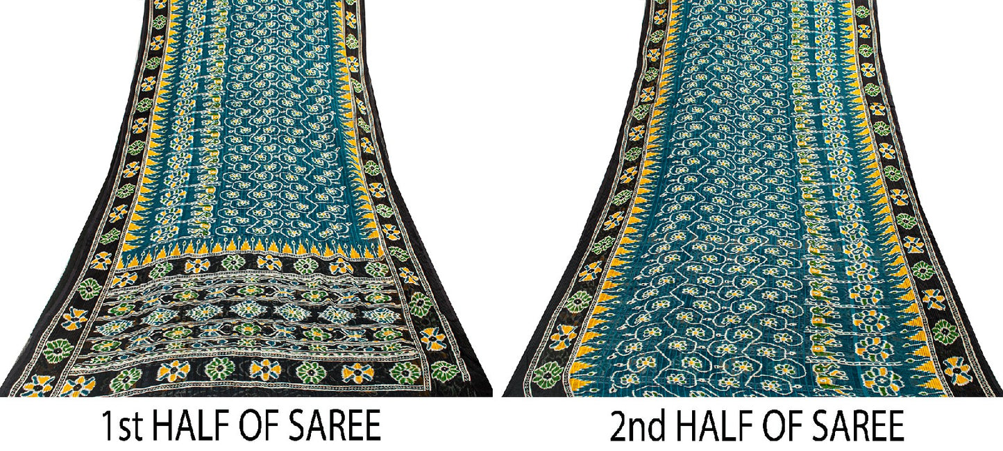 Sanskriti Vintage Sarees Blue Pure Cotton Floral Ikat Print 5+YD Sari