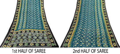 Sanskriti Vintage Sarees Blue Pure Cotton Floral Ikat Print 5+YD Sari