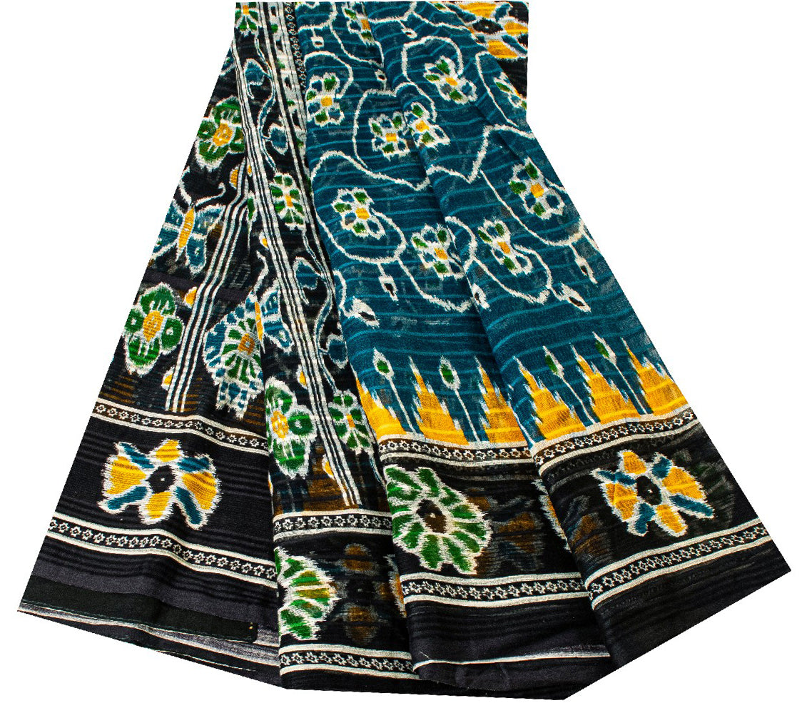 Sanskriti Vintage Sarees Blue Pure Cotton Floral Ikat Print 5+YD Sari