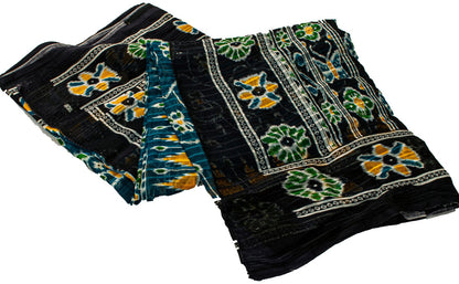 Sanskriti Vintage Sarees Blue Pure Cotton Floral Ikat Print 5+YD Sari