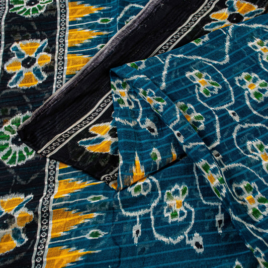 Sanskriti Vintage Sarees Blue Pure Cotton Floral Ikat Print 5+YD Sari