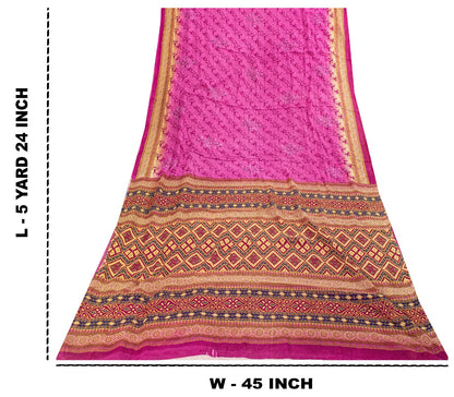 Sanskriti Vintage Saree Dark Pink 100% Pure Cotton 5.5+Yd Saree Geometric Floral Printed Sari Boho Quilting Material For DIY Projects