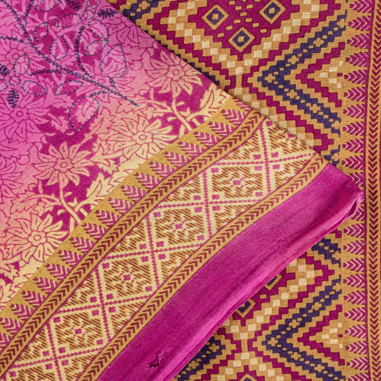 Sanskriti Vintage Saree Dark Pink 100% Pure Cotton 5.5+Yd Saree Geometric Floral Printed Sari Boho Quilting Material For DIY Projects