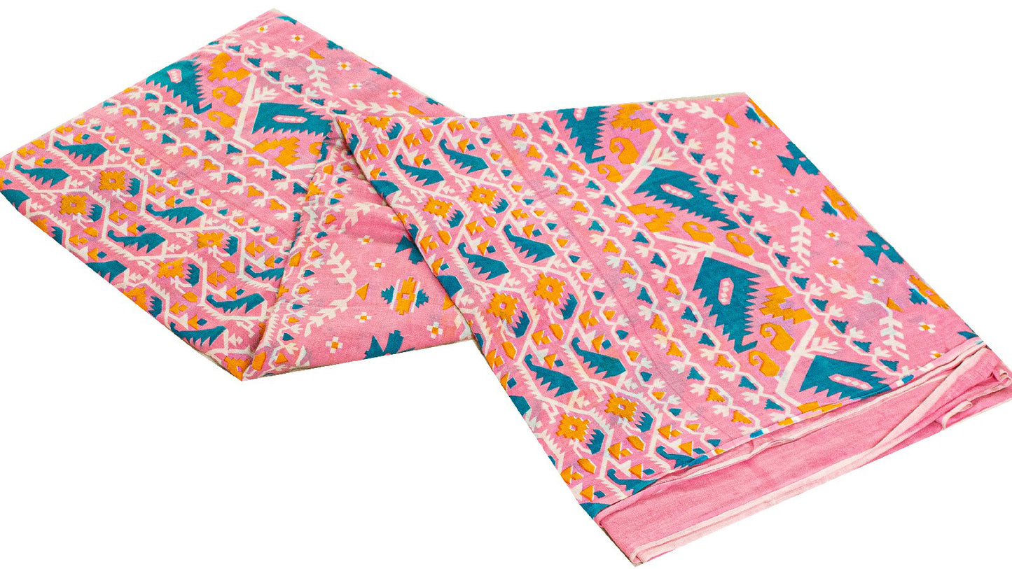 Sanskriti Vintage Sarees Baby Pink Pure Cotton Jamdani Printed 5+YD Dhaka Sari