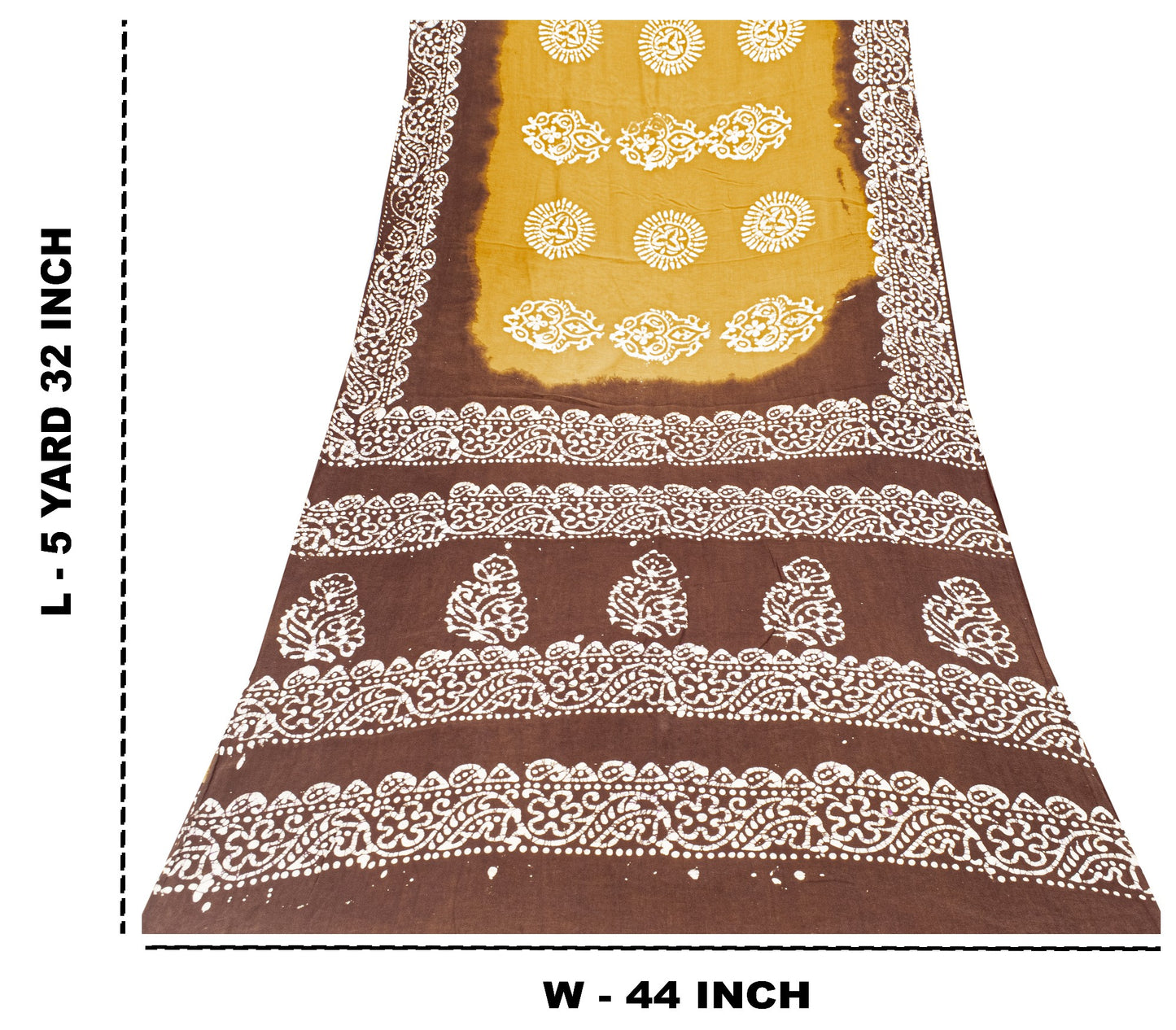 Sanskriti Vintage Sarees Yellow & Brown Pure Cotton Batik Work 5+YD Textile Sari