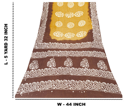 Sanskriti Vintage Sarees Yellow & Brown Pure Cotton Batik Work 5+YD Textile Sari
