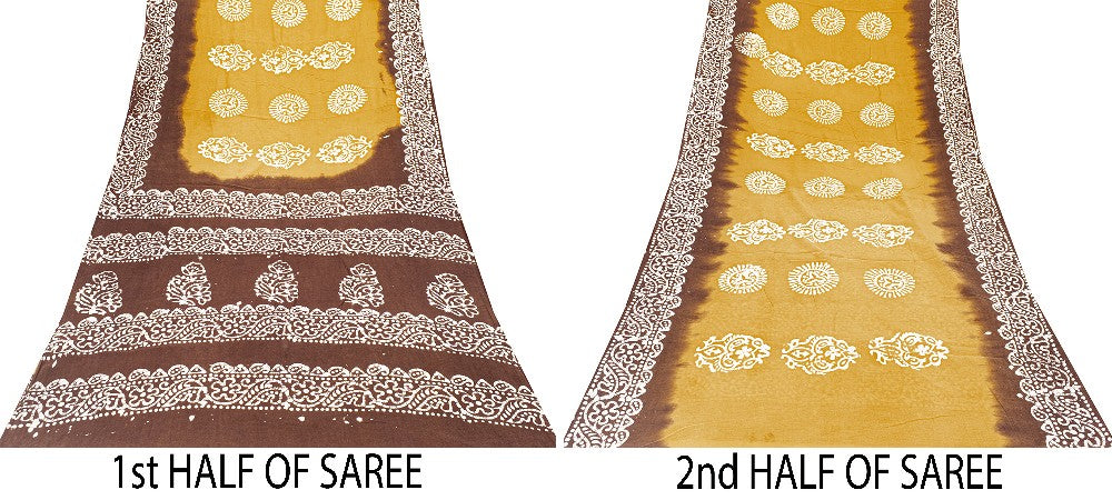 Sanskriti Vintage Sarees Yellow & Brown Pure Cotton Batik Work 5+YD Textile Sari