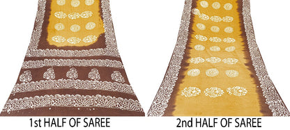 Sanskriti Vintage Sarees Yellow & Brown Pure Cotton Batik Work 5+YD Textile Sari