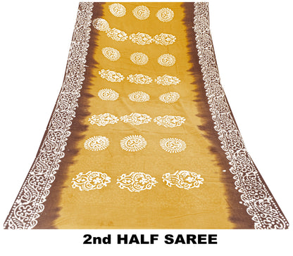 Sanskriti Vintage Sarees Yellow & Brown Pure Cotton Batik Work 5+YD Textile Sari
