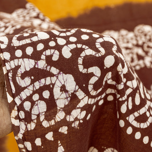 Sanskriti Vintage Sarees Yellow & Brown Pure Cotton Batik Work 5+YD Textile Sari