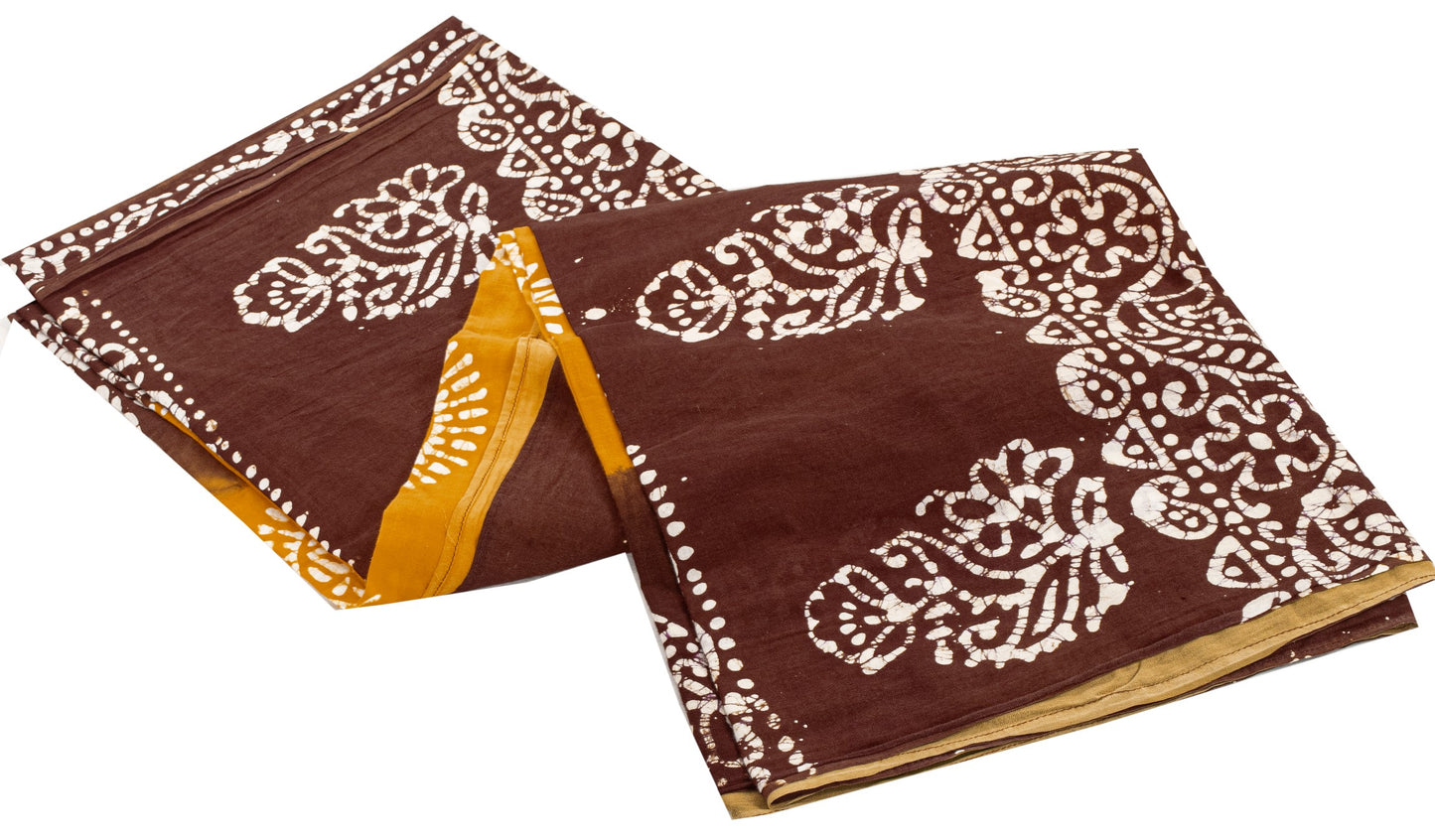 Sanskriti Vintage Sarees Yellow & Brown Pure Cotton Batik Work 5+YD Textile Sari