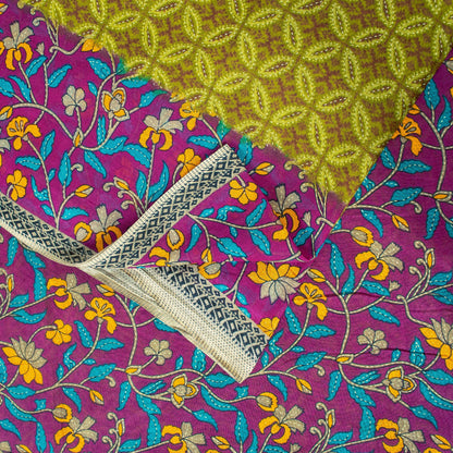 Sanskriti Vintage Sarees Green & Purple 100% Pure Cotton Floral Print 5+YD Sari