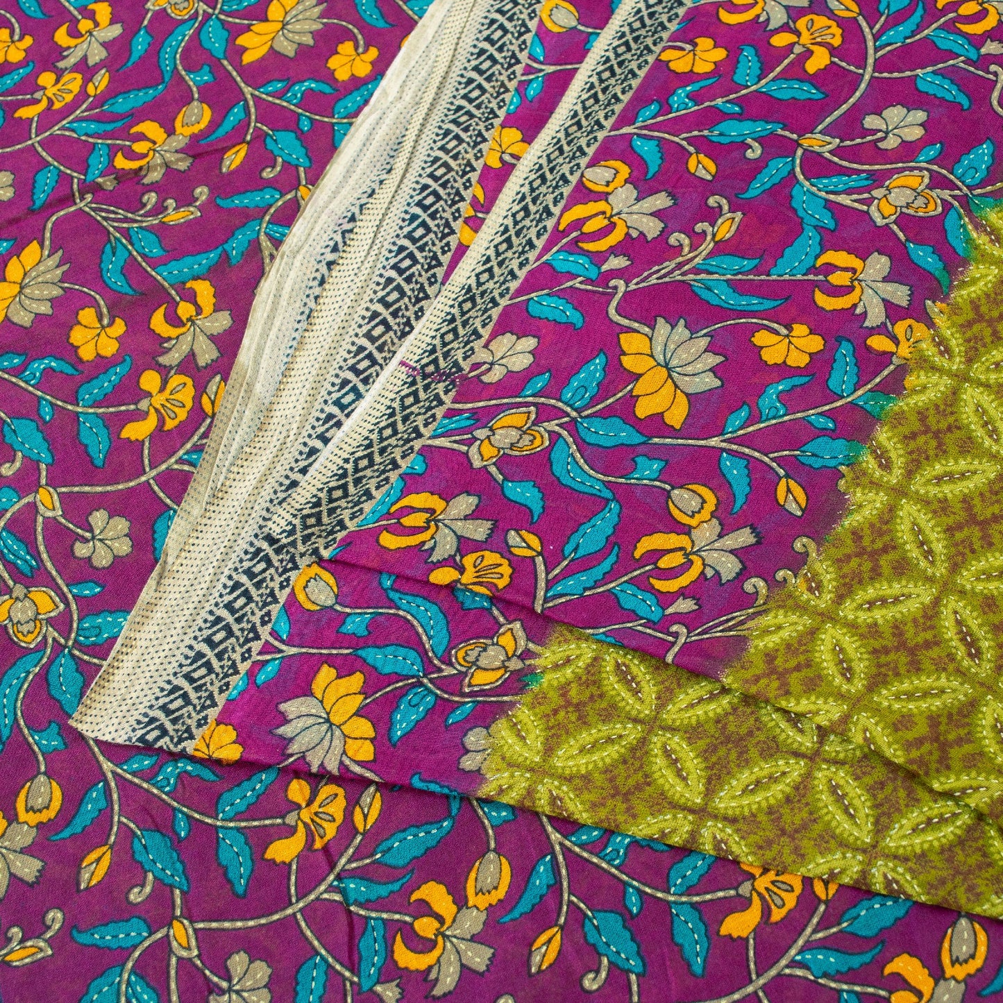 Sanskriti Vintage Sarees Green & Purple 100% Pure Cotton Floral Print 5+YD Sari