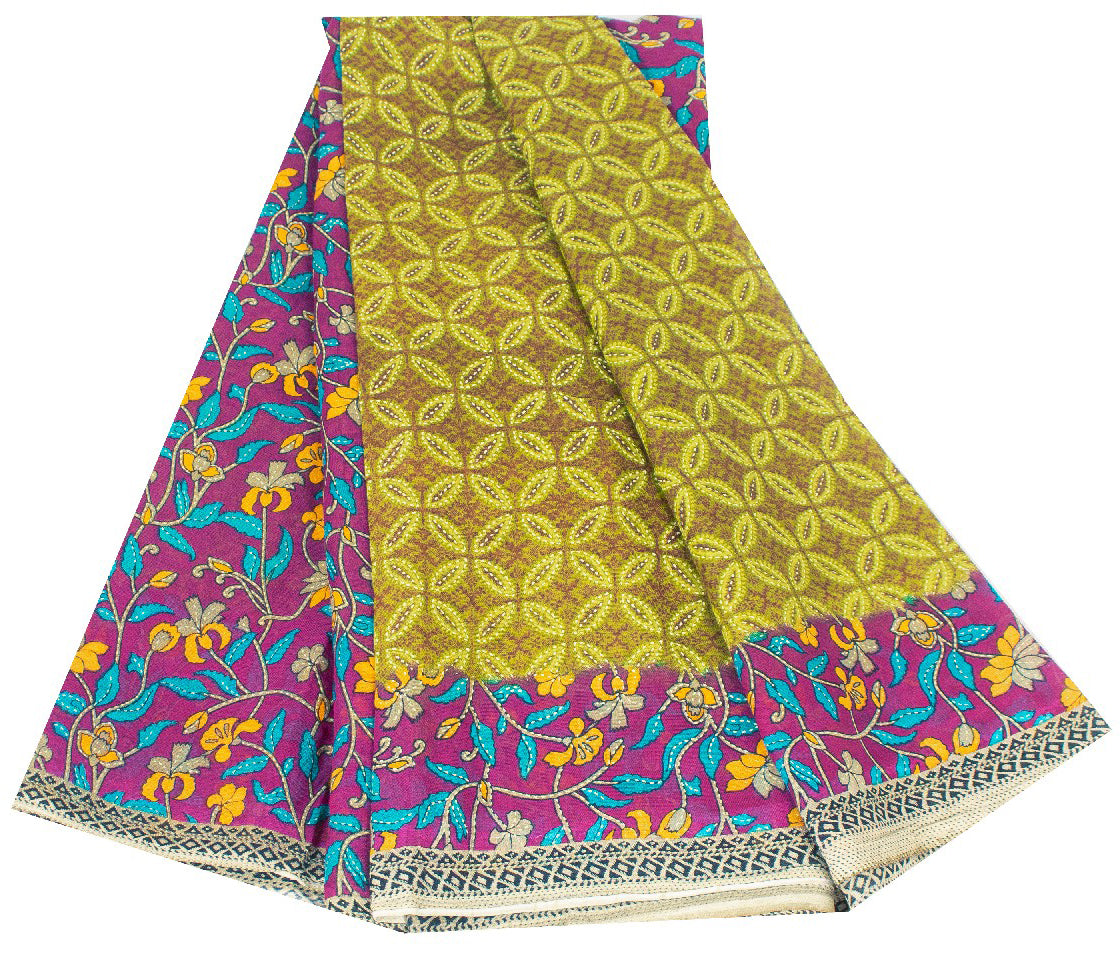 Sanskriti Vintage Sarees Green & Purple 100% Pure Cotton Floral Print 5+YD Sari