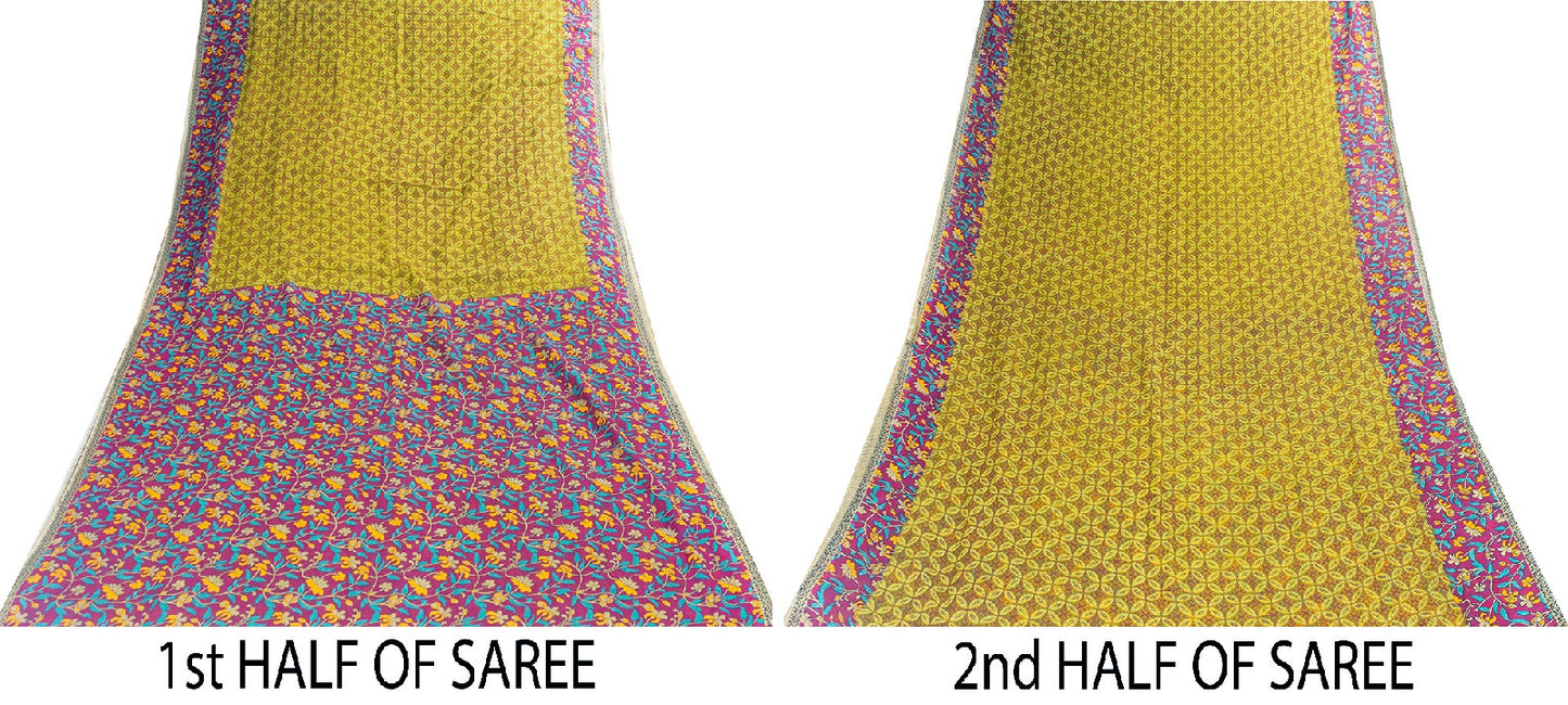 Sanskriti Vintage Sarees Green & Purple 100% Pure Cotton Floral Print 5+YD Sari