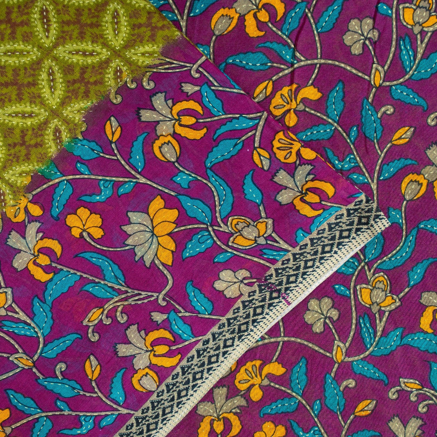 Sanskriti Vintage Sarees Green & Purple 100% Pure Cotton Floral Print 5+YD Sari