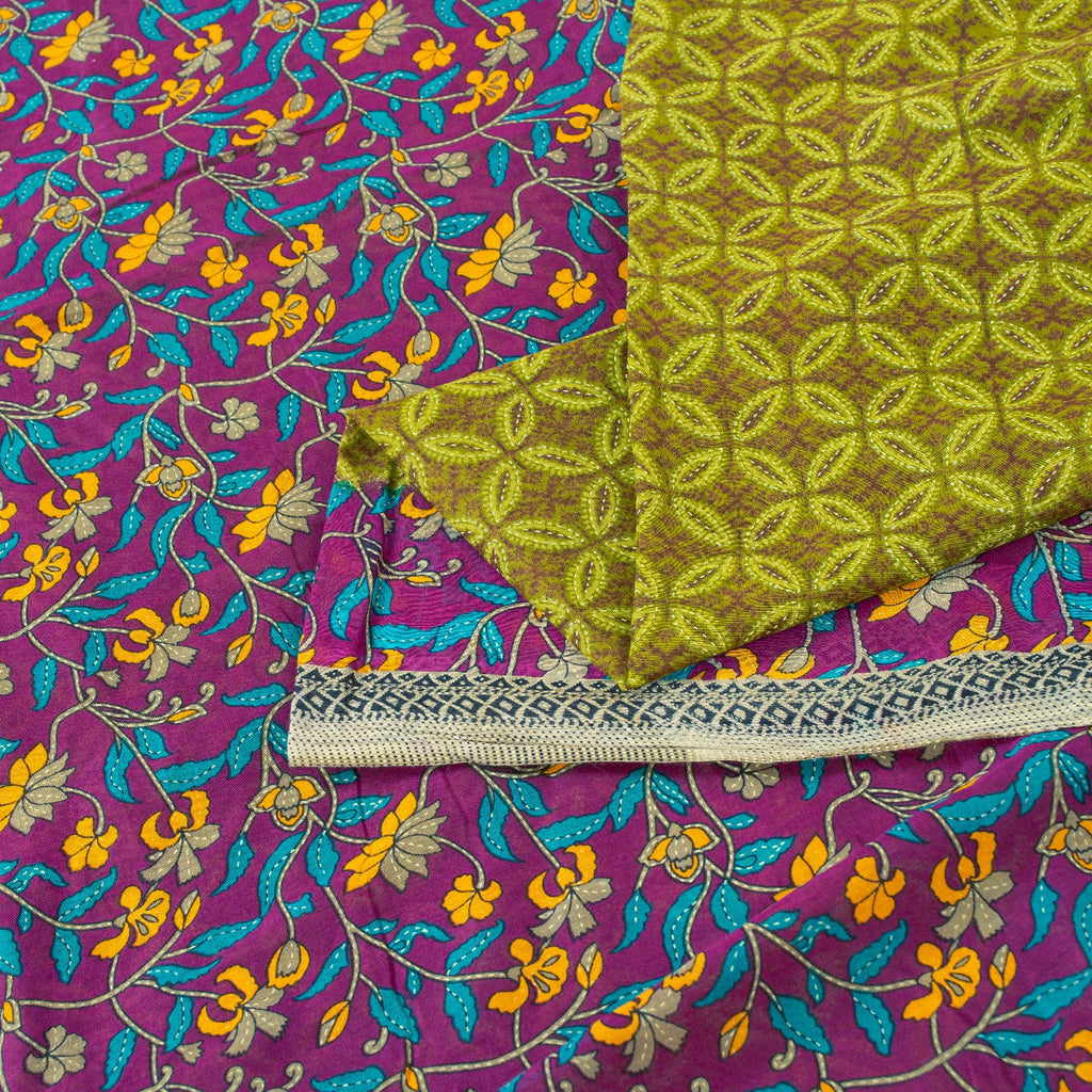 Sanskriti Vintage Sarees Green & Purple 100% Pure Cotton Floral Print 5+YD Sari