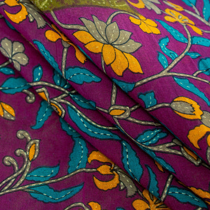 Sanskriti Vintage Sarees Green & Purple 100% Pure Cotton Floral Print 5+YD Sari