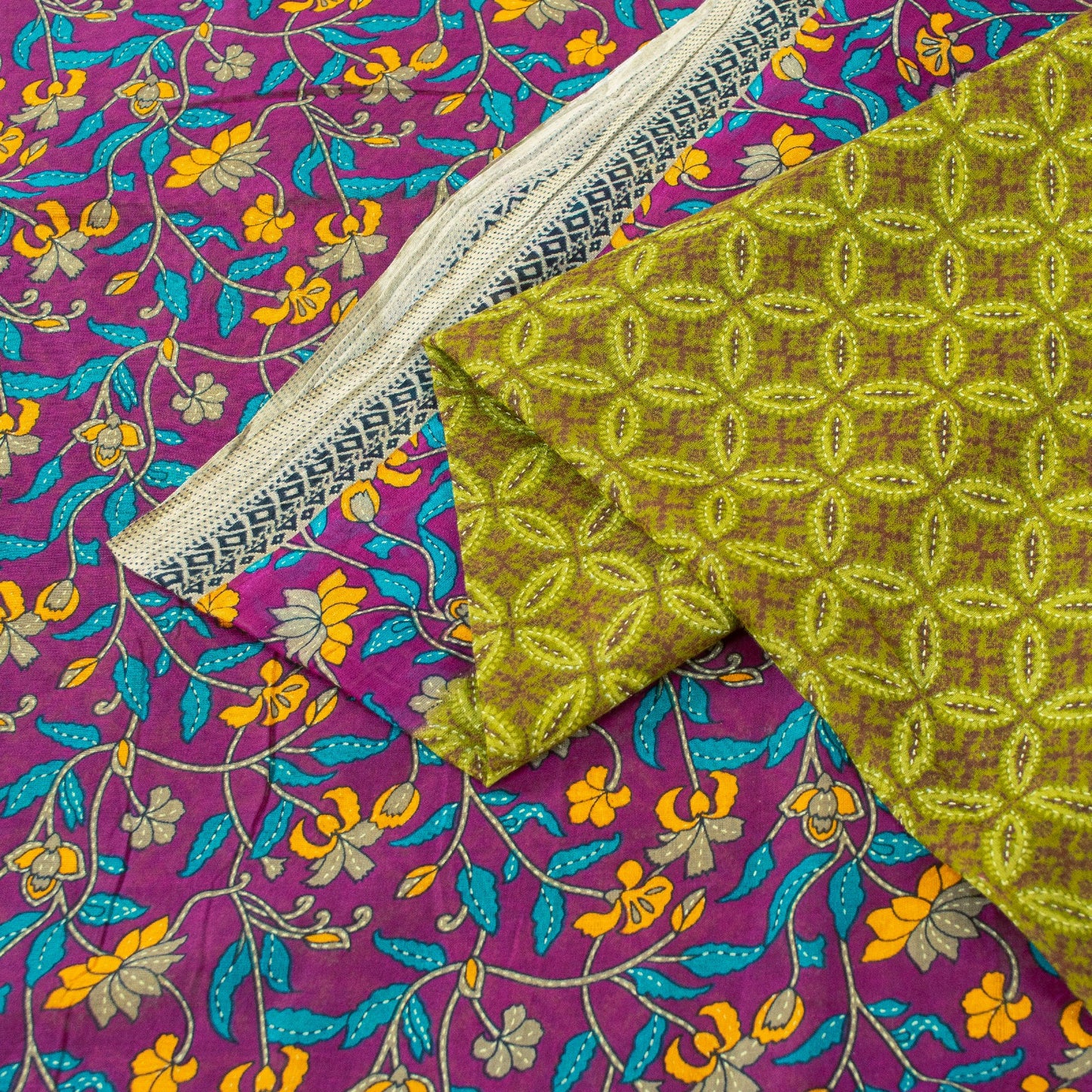 Sanskriti Vintage Sarees Green & Purple 100% Pure Cotton Floral Print 5+YD Sari
