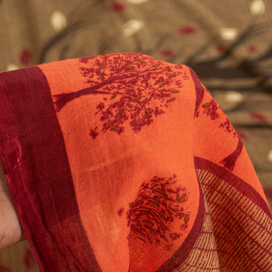 Sanskriti Vintage Sarees Brown Pure Cotton Floral Print 5+YD Sari Sustainable