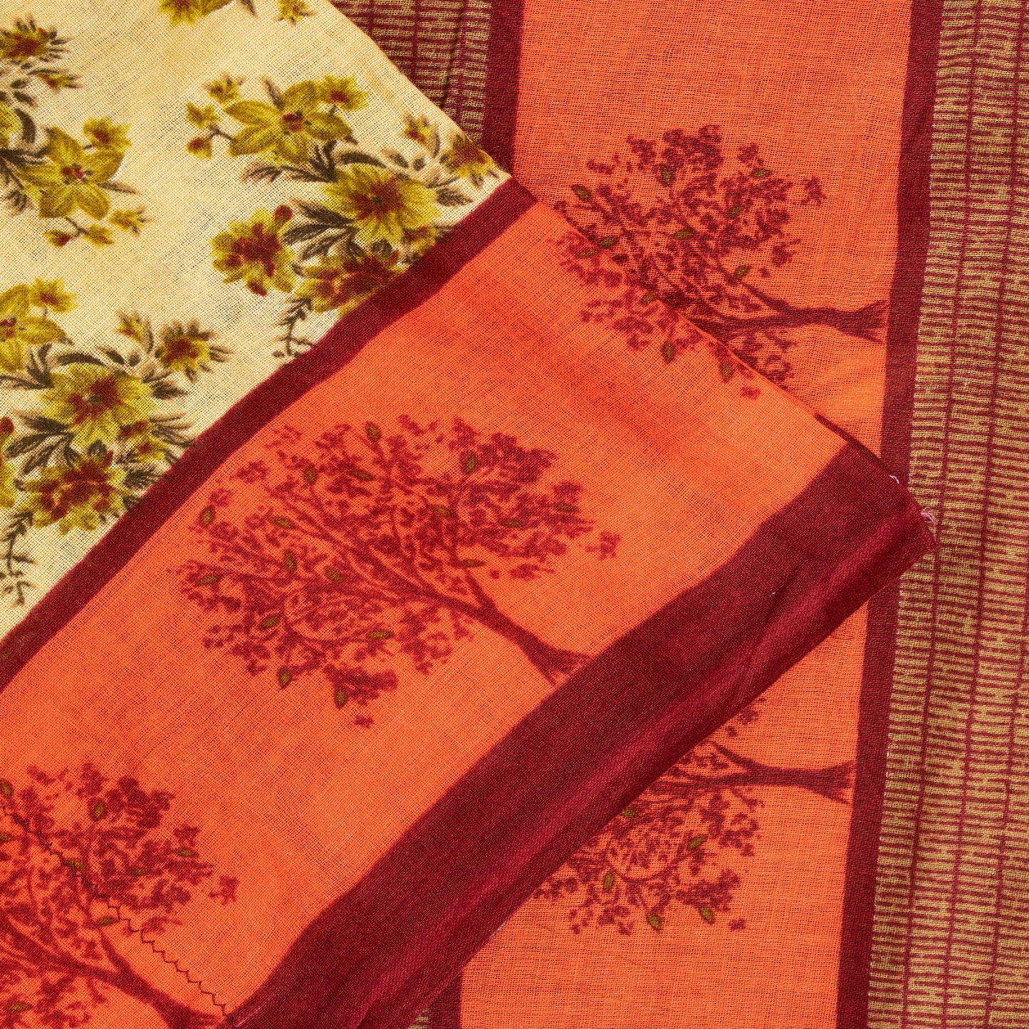 Sanskriti Vintage Sarees Brown Pure Cotton Floral Print 5+YD Sari Sustainable