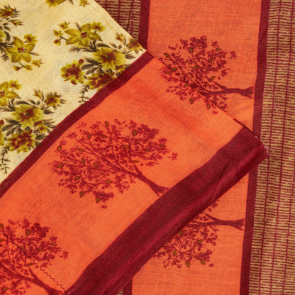 Sanskriti Vintage Sarees Brown Pure Cotton Floral Print 5+YD Sari Sustainable