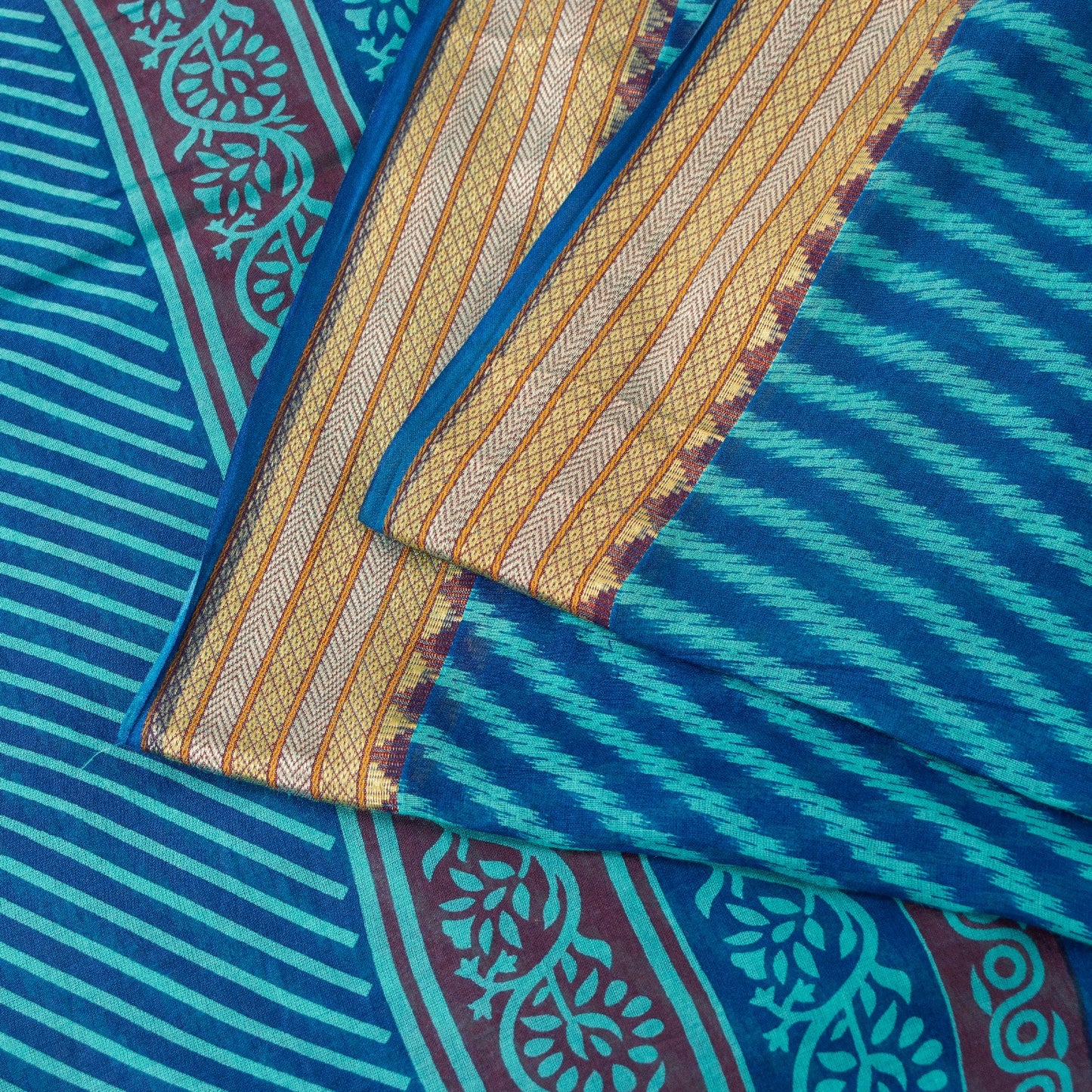 Sanskriti Vintage Saree Blue Saree 100% Pure Cotton Leheria Hand Block Printed Slating Lines 5+Yd Golden Woven Border Ecofriendly Sari